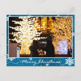 青い光沢のある雪のフレーク写真クリスマス ポストカード