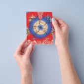 青い円を持つ赤い背景のデザイン チラシ (手)