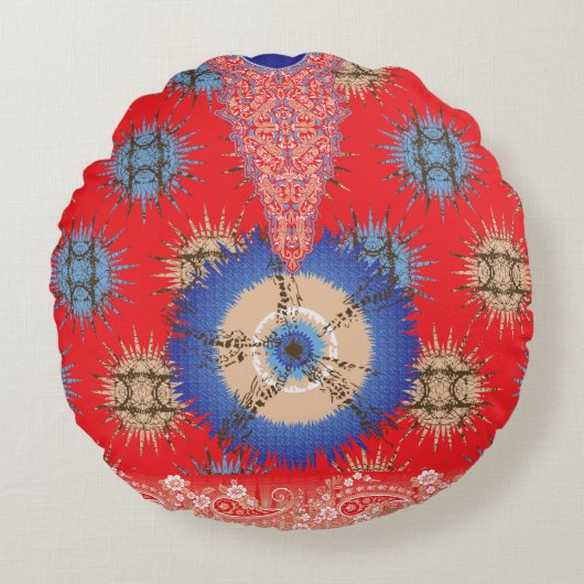 青い円を持つ赤い背景のデザイン ラウンドクッション (正面)