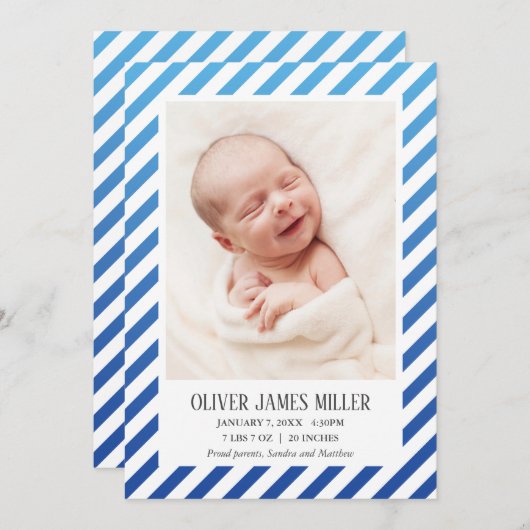 青い写グラデーション真のベビー誕生のお知らせ 案内状 (正面/裏面)