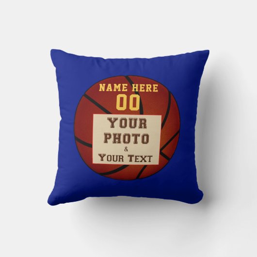 青い写真すべてのプレーヤーの名前のバスケットボールの枕 クッション (裏面)
