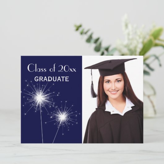 青い写真のキラキラ輝く物の卒業の発表 案内状 (スタンド正面)