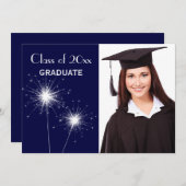 青い写真のキラキラ輝く物の卒業の発表 案内状 (正面/裏面)