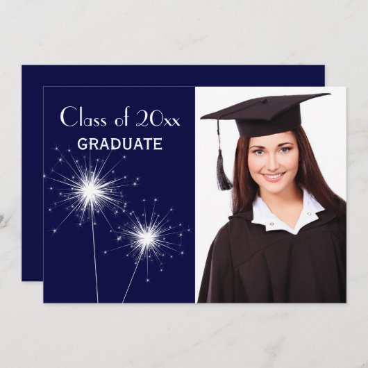 青い写真のキラキラ輝く物の卒業の発表 案内状 (正面/裏面)