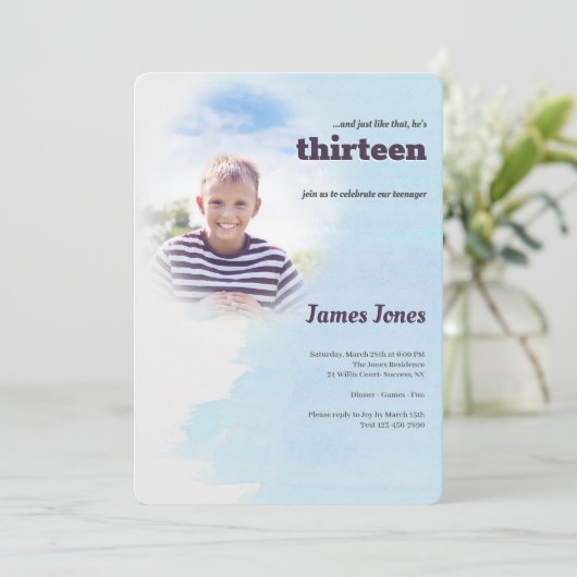 青い写真のバースデーパーティ招待状 招待状 (スタンド正面)