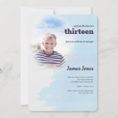 青い写真のバースデーパーティ招待状 招待状 (正面)