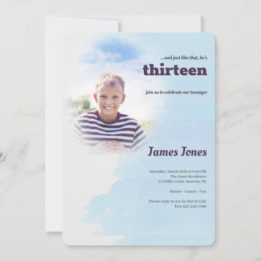 青い写真のバースデーパーティ招待状 招待状 (正面)