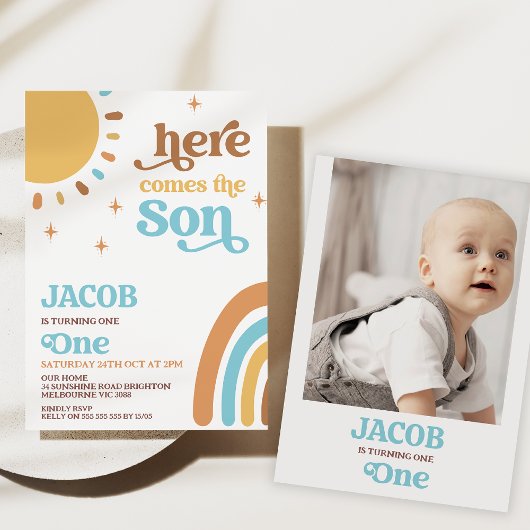 青い写真のレトロ来ここ太陽1歳の誕生日 招待状