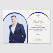 青い写真の少年クロス確認サンキューカード (正面)