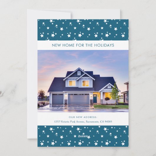 青い写真の新しいホームアドレスホリデーカード シーズンカード (裏面)