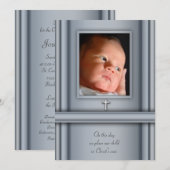 青い写真の赤ちゃん男の子の洗礼招待状 招待状 (正面/裏面)
