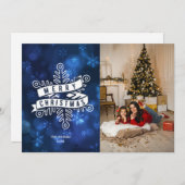 青い写真の雪の結晶がおめでたいクリスマスの文字 シーズンカード (正面/裏面)