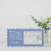 青い写真カードのメリークリスマスの単語のコラージュ シーズンカード (スタンド正面)