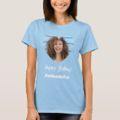 青い写真ハート名入れバースデー 女性 Tシャツ (正面)
