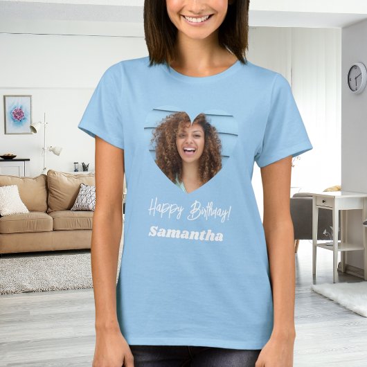 青い写真ハート名入れバースデー 女性 Tシャツ