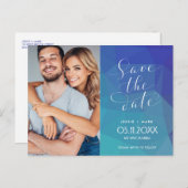青い写真モダン予算の結婚式の日付を保存 案内ポストカード (正面/裏面)