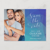 青い写真モダン予算の結婚式の日付を保存 案内ポストカード (正面)