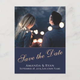 青い写真モダン結婚式の日付はがきを保存 案内ポストカード