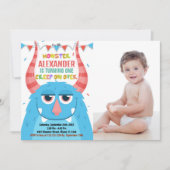 青い写真付きモンスター誕生日招待状 招待状 (正面)