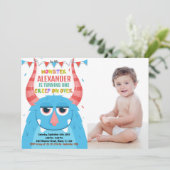 青い写真付きモンスター誕生日招待状 招待状 (スタンド正面)