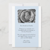 青い写真付き誕生発表カード 招待状 (裏面)