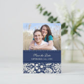 青い写真日付のポストカ結婚ードを保存 案内ポストカード (スタンド正面)