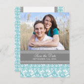 青い写真日付のポストカ結婚ードを保存 案内ポストカード (正面/裏面)