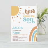 青い写真 レトロ ここに太陽がやってくる 1歳の誕生日 招待状 (スタンド正面)