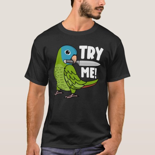 青い冠をかぶった包丁でオウムを試してみる Tシャツ (正面)
