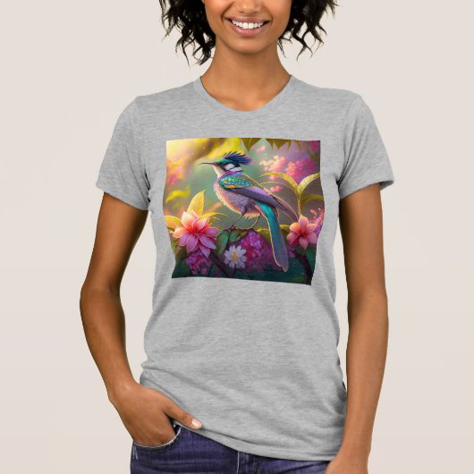 青い冠を持つ虹色の翼を持つサンショウクイの幻想の鳥 Tシャツ (正面)
