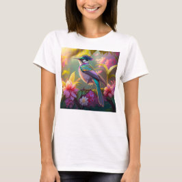 青い冠を持つ虹色の翼を持つサンショウクイの幻想の鳥 Tシャツ