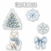 青い冬のクリスマスツリー・キツネ・雪の結晶・リボン シール (正面)