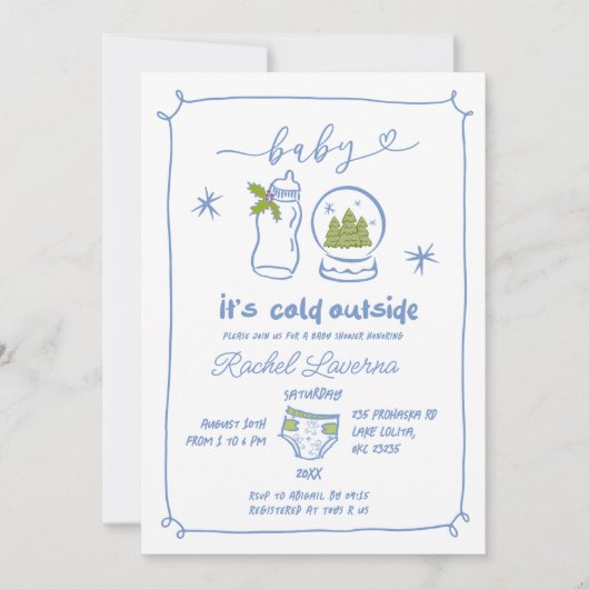 青い冬のクリスマスハンド引き出し赤ちゃんシャワー 招待状 (正面)