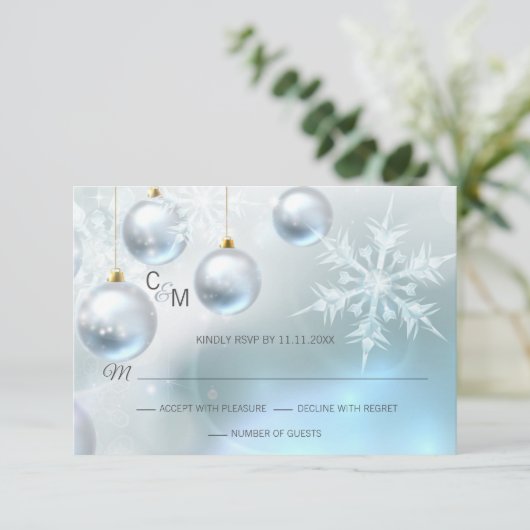 青い冬のワンダーランド 雪景色 RSVP ウェディング 出欠カード (スタンド正面)