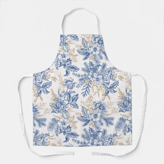 青い冬のヴィンテージ花模様 エプロン (正面)