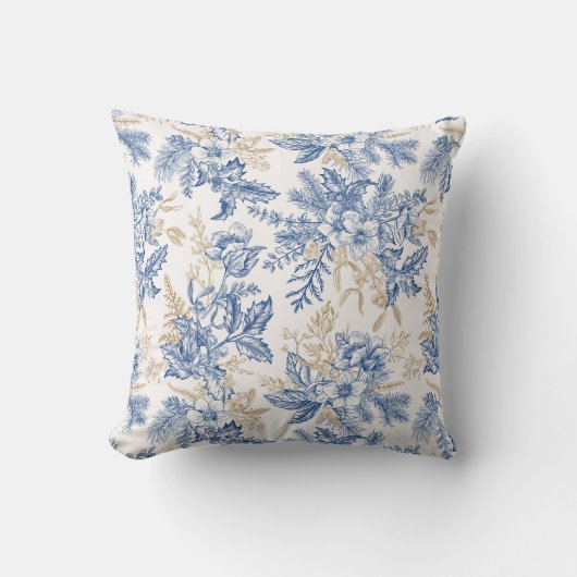 青い冬のヴィンテージ花模様 クッション (正面)