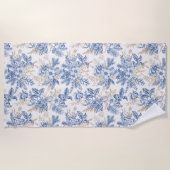 青い冬のヴィンテージ花模様 ビーチタオル (正面)