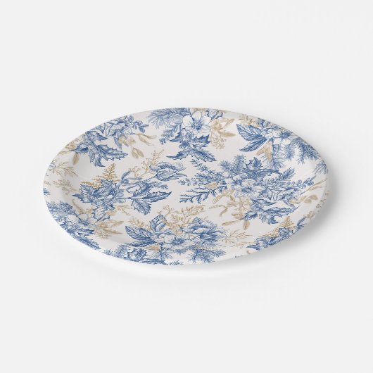 青い冬のヴィンテージ花模様 ペーパープレート (アングル)