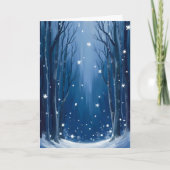 青い冬の森の水彩画 雪が降る カード (正面)
