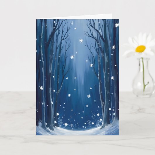 青い冬の森の水彩画 雪が降る カード (小さな植物)