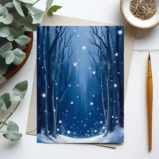 青い冬の森の水彩画 雪が降る ポストカード