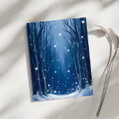 青い冬の森の水彩画 雪が降る ポストカード