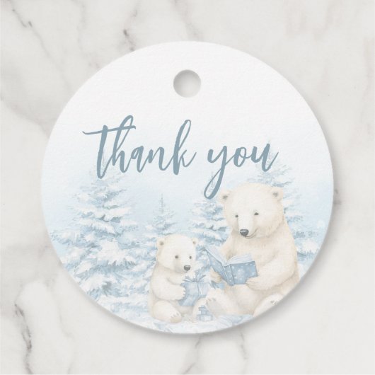 青い冬の極熊の水の色ベビーシャワー フェイバータグ (裏面)