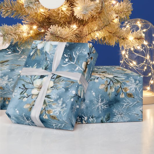 青い冬の模様の白い花 ラッピングペーパー (クリスマス)