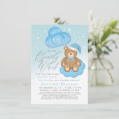 青い冬の眠いクマのバルーン少年の赤ちゃんシャワー 招待状 (スタンド正面)