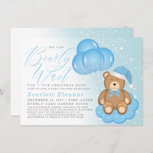 青い冬の眠いクマのバルーン少年の赤ちゃんシャワー 招待状 (正面/裏面)