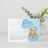 青い冬の眠いクマのバルーン少年の赤ちゃんシャワー 招待状 (スタンド正面)