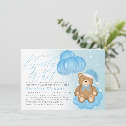 青い冬の眠いクマのバルーン少年の赤ちゃんシャワー 招待状 (スタンド正面)
