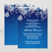 青い冬の背景に白い雪の結晶 ブライダルシャワー 招待状 (正面/裏面)