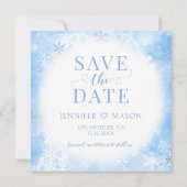 青い冬の雪の日の写真を保存 招待状 (裏面)